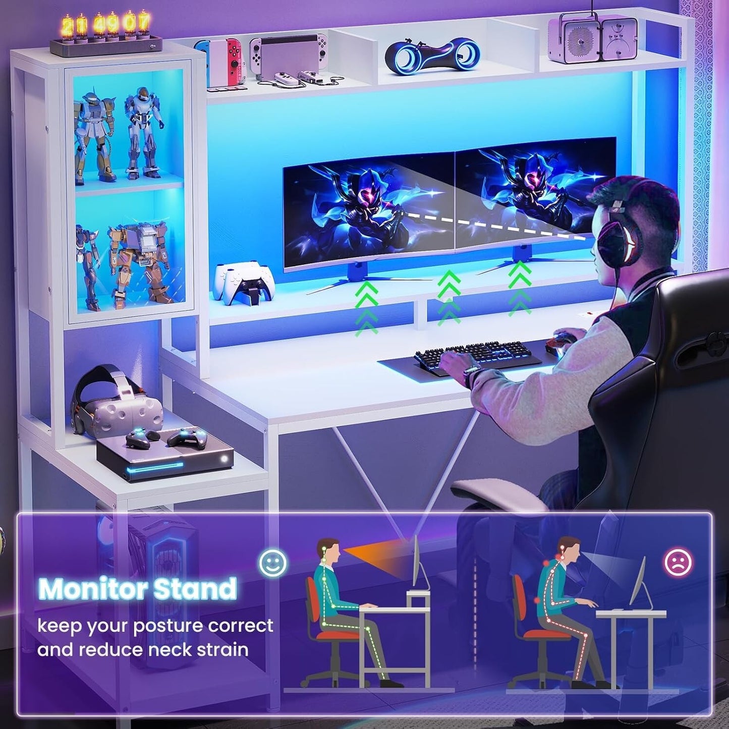 60'' Gaming Desk with Hutch and LED Lights, Computer Desk with Storage Shelves