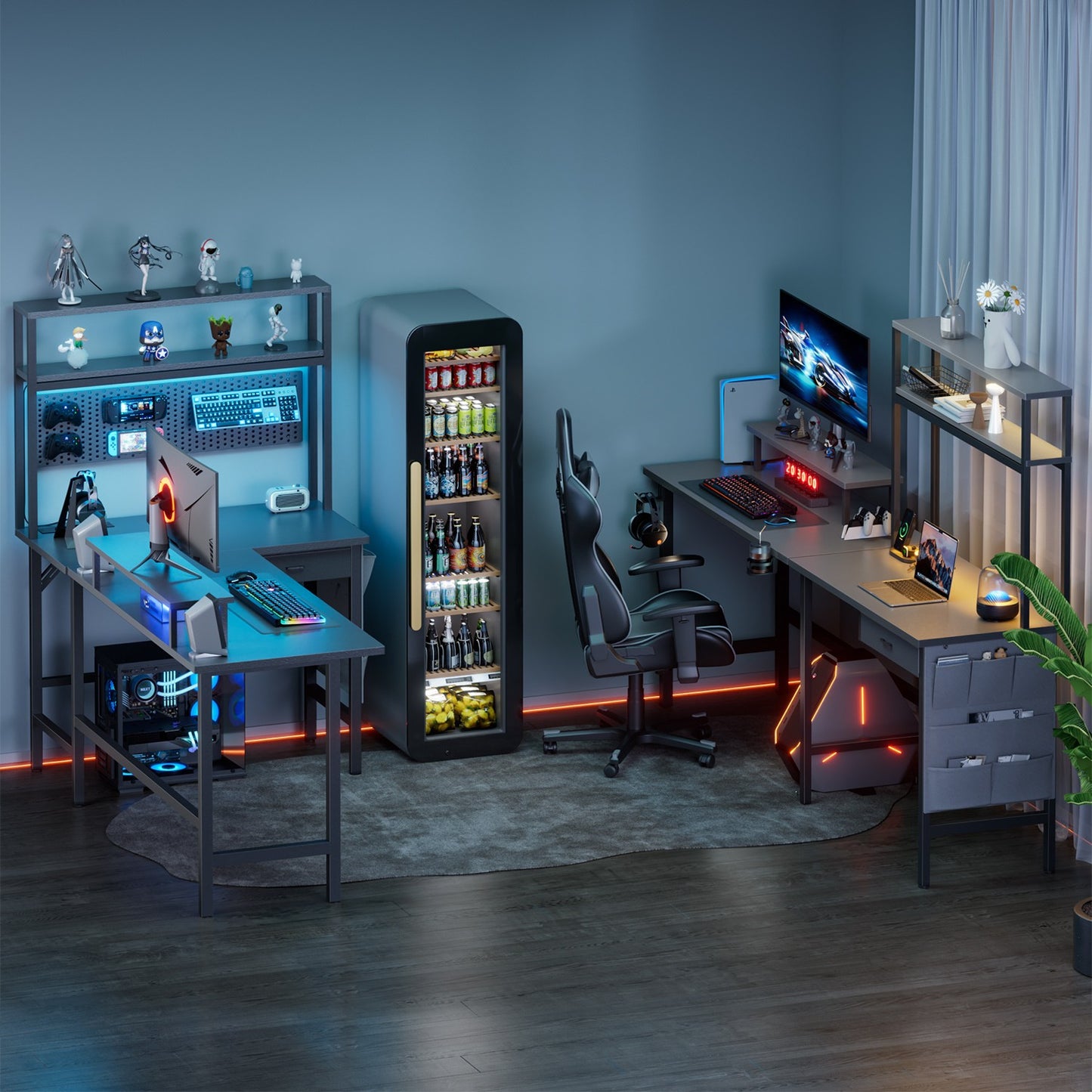 L Shaped Gaming Desk with LED & Power Outlets, Computer Desk with Monitor Stand