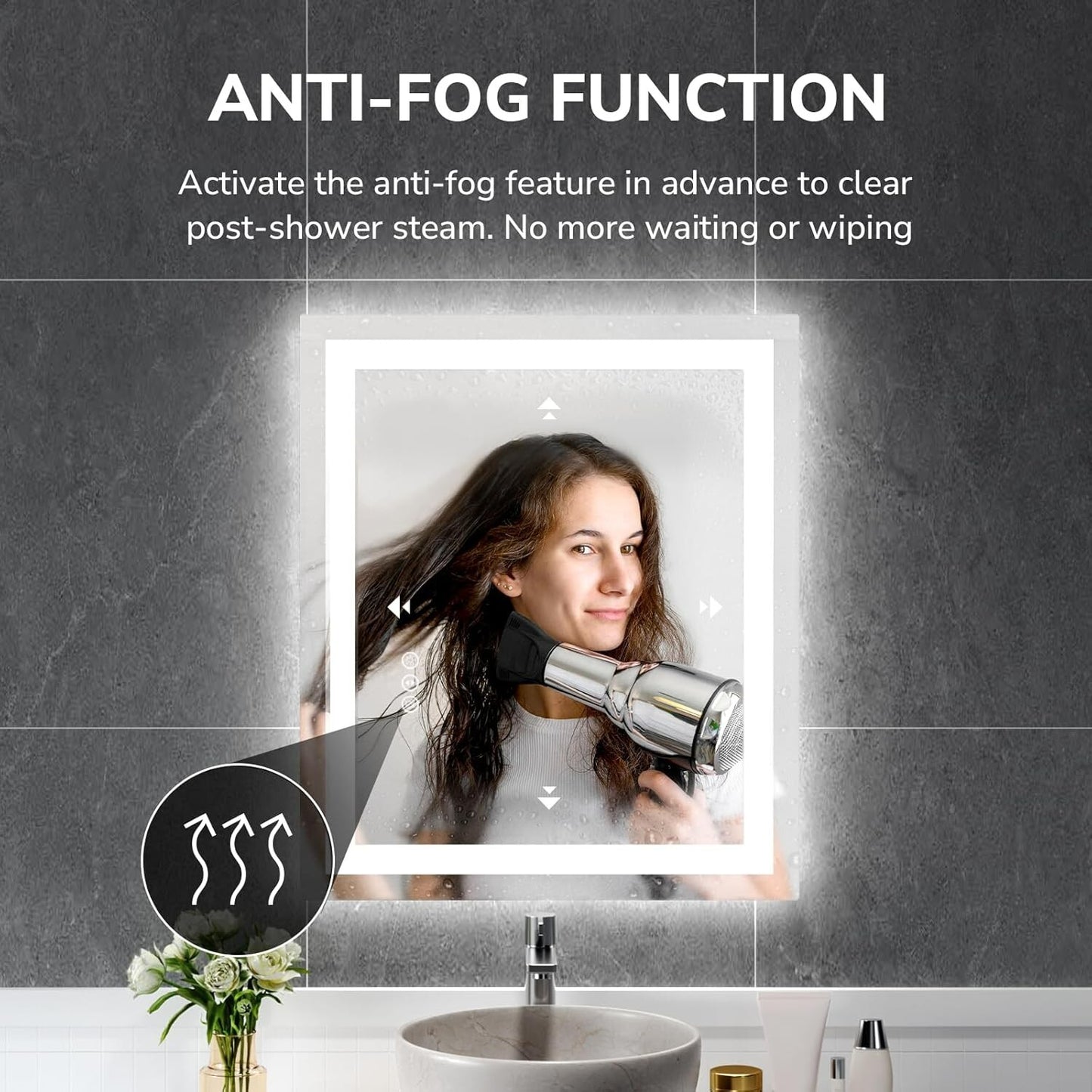 24x36in LED Bathroom Mirror Wall Vanity Mirror Dimmable Anti-fog Tempered Glass