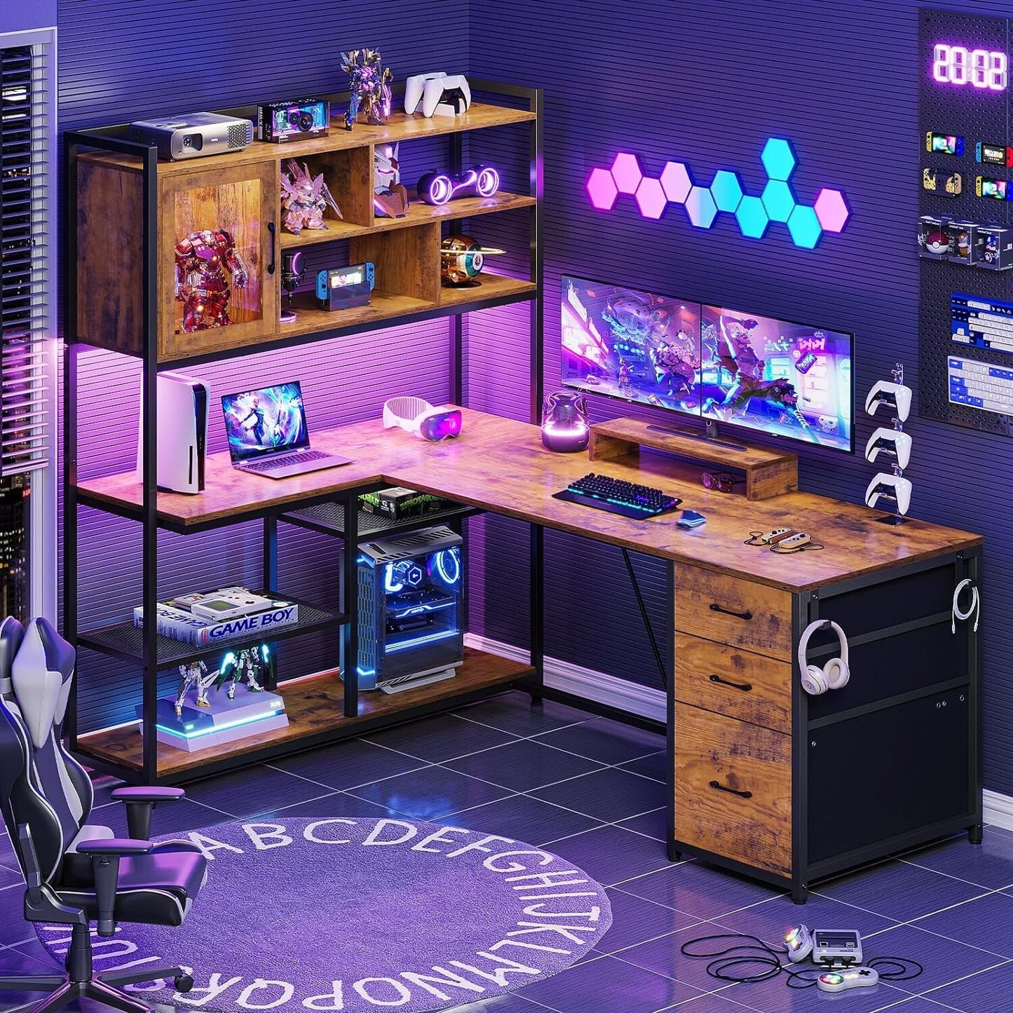 L Shaped Computer Desk with LED Light &Bookshelf 58'' Office Desk with 3 Drawers