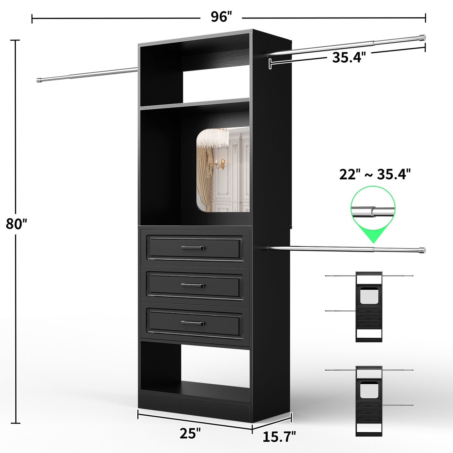48''-96'' Walk-in Closet Organizer System with Mirror & Drawers & 3 Hanging Rods