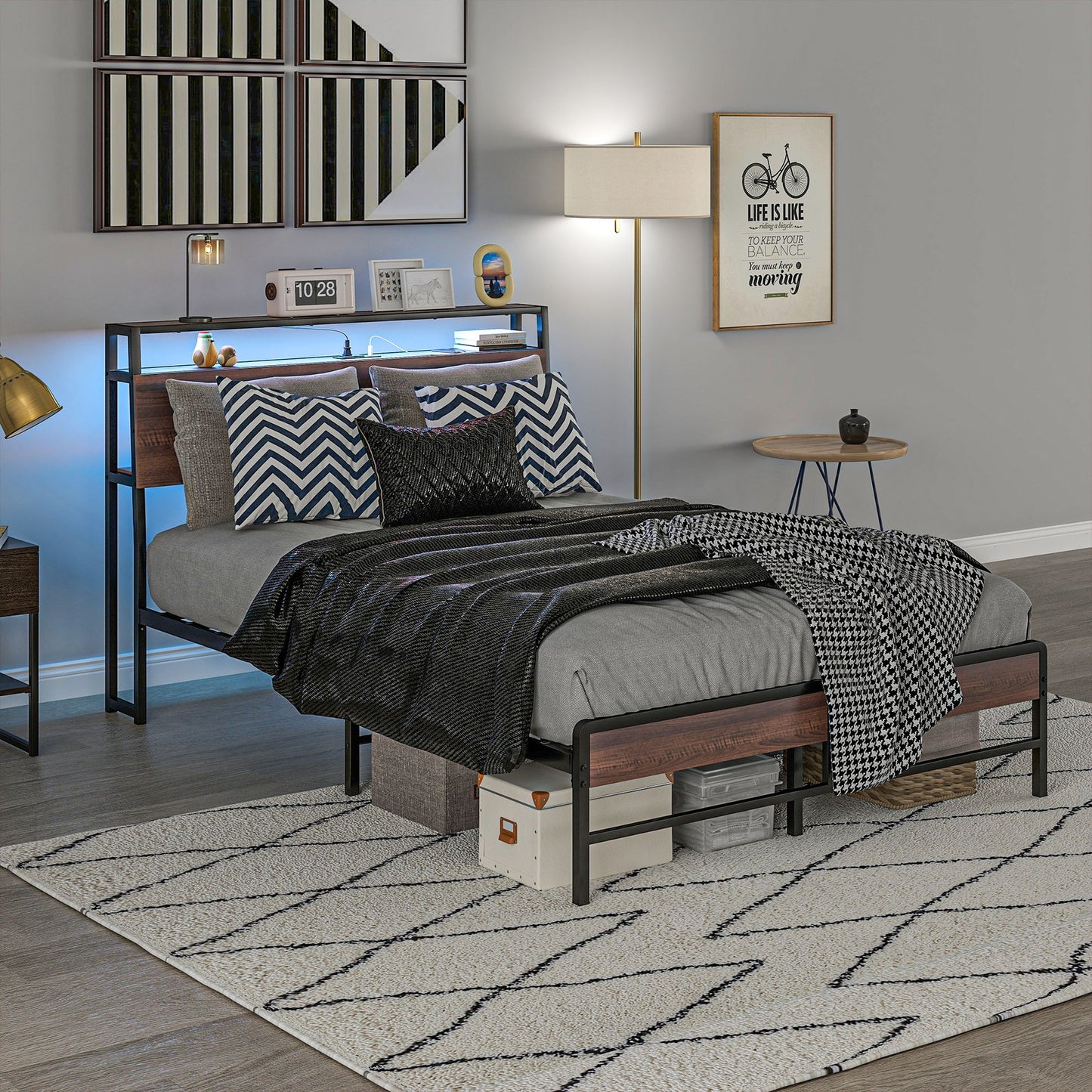 Full Bed Frame with Headboard, LED Lights, Charging Station, Walnut