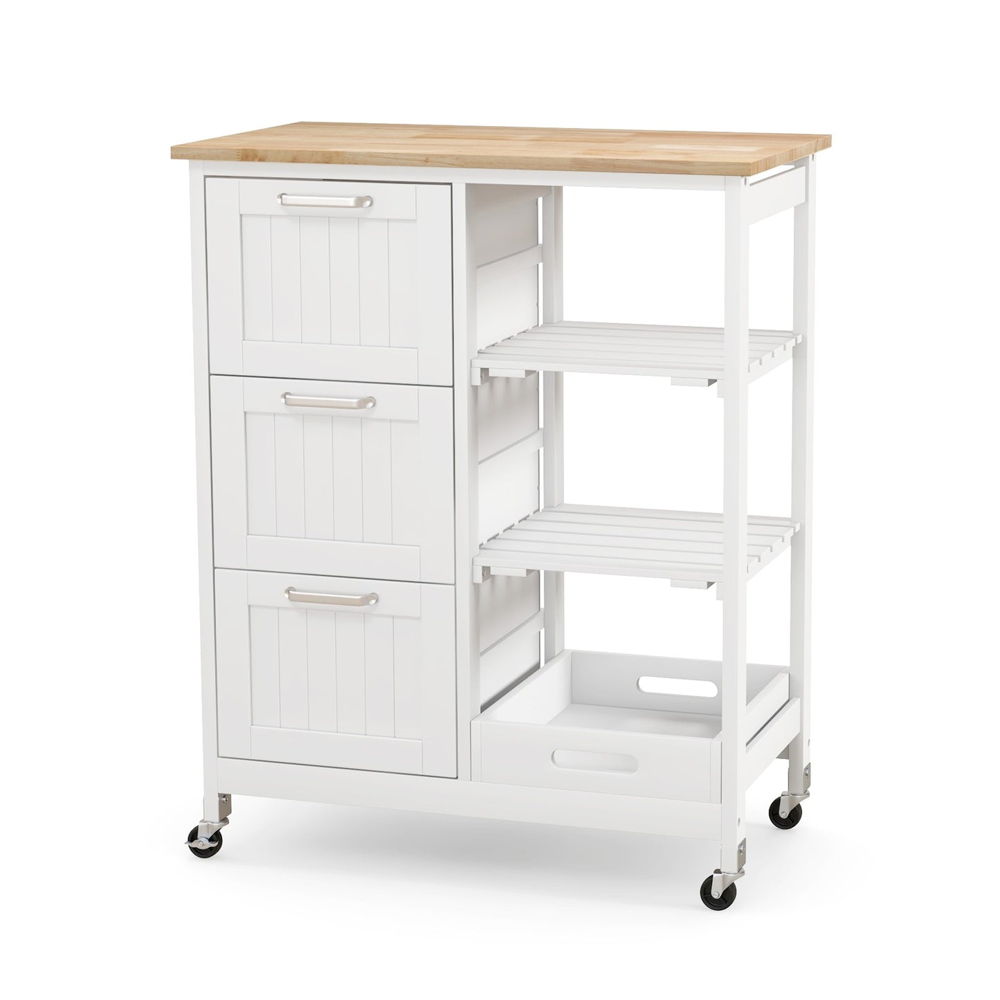 Kitchen Island Cart Mobile Storage Organizer w/ 3 Large Drawers 2 Open Shelves