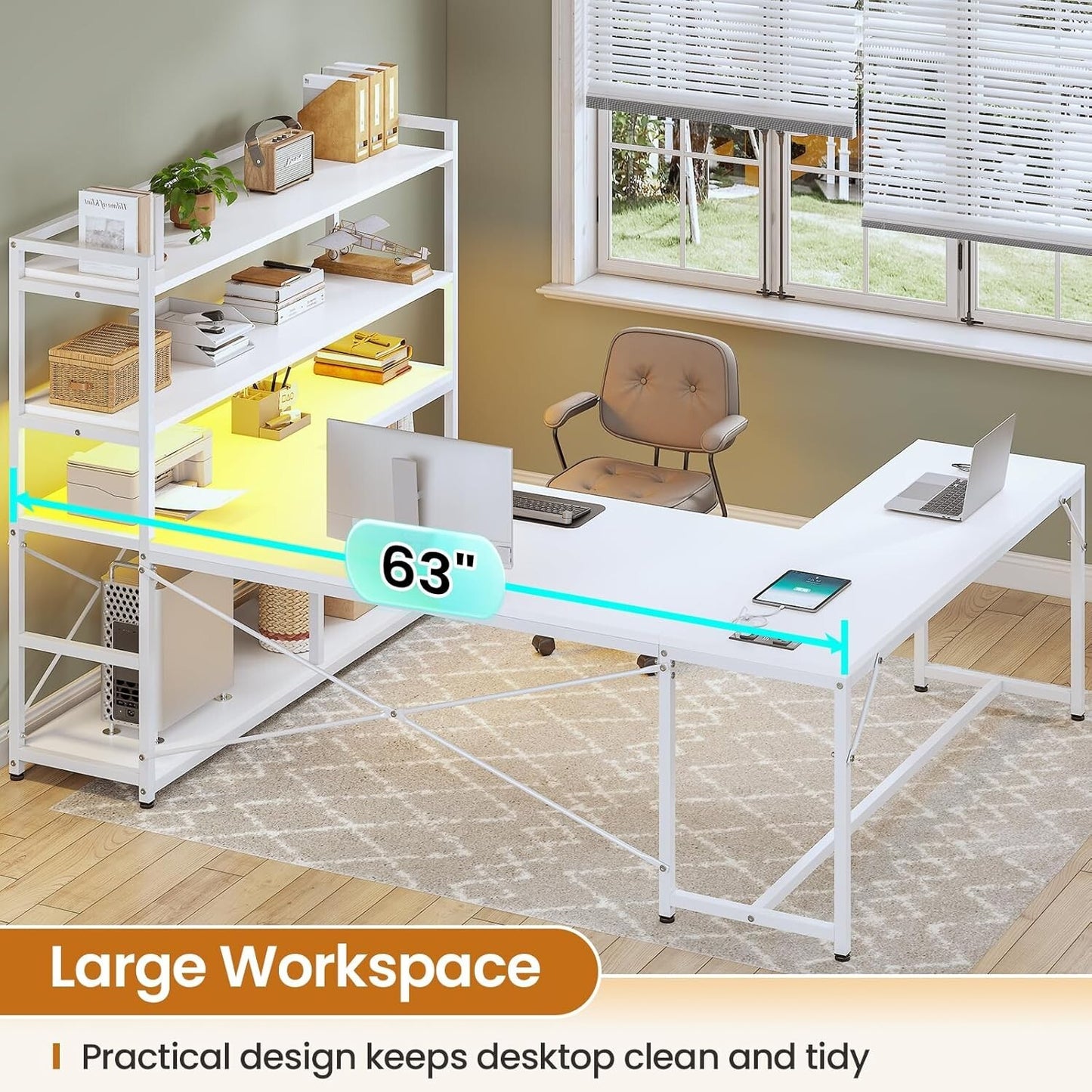 L Shaped Computer Desk, 63" Reversible Office Desk w/Storage Shelves &LED Lights