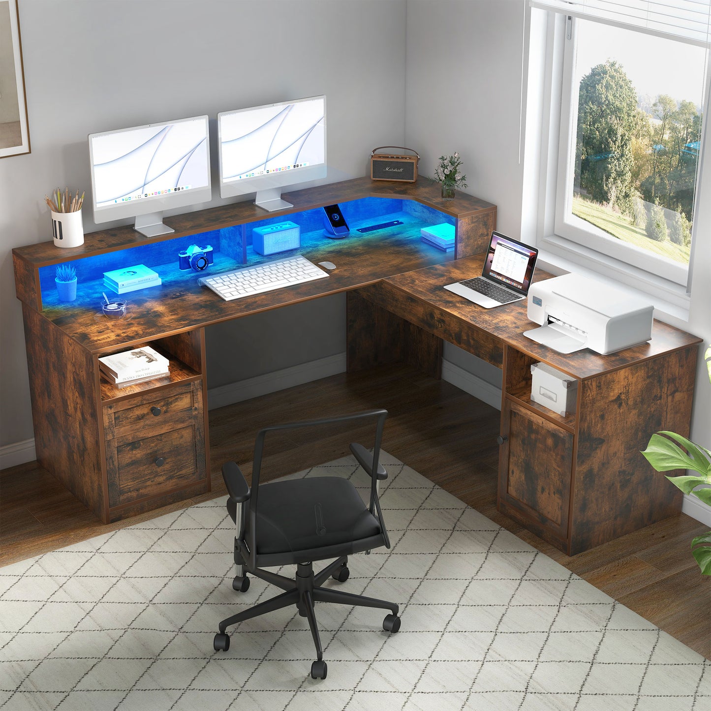 60" Lift Top L Shaped Desk with Power Outlets & LED Lights Corner Computer Desk