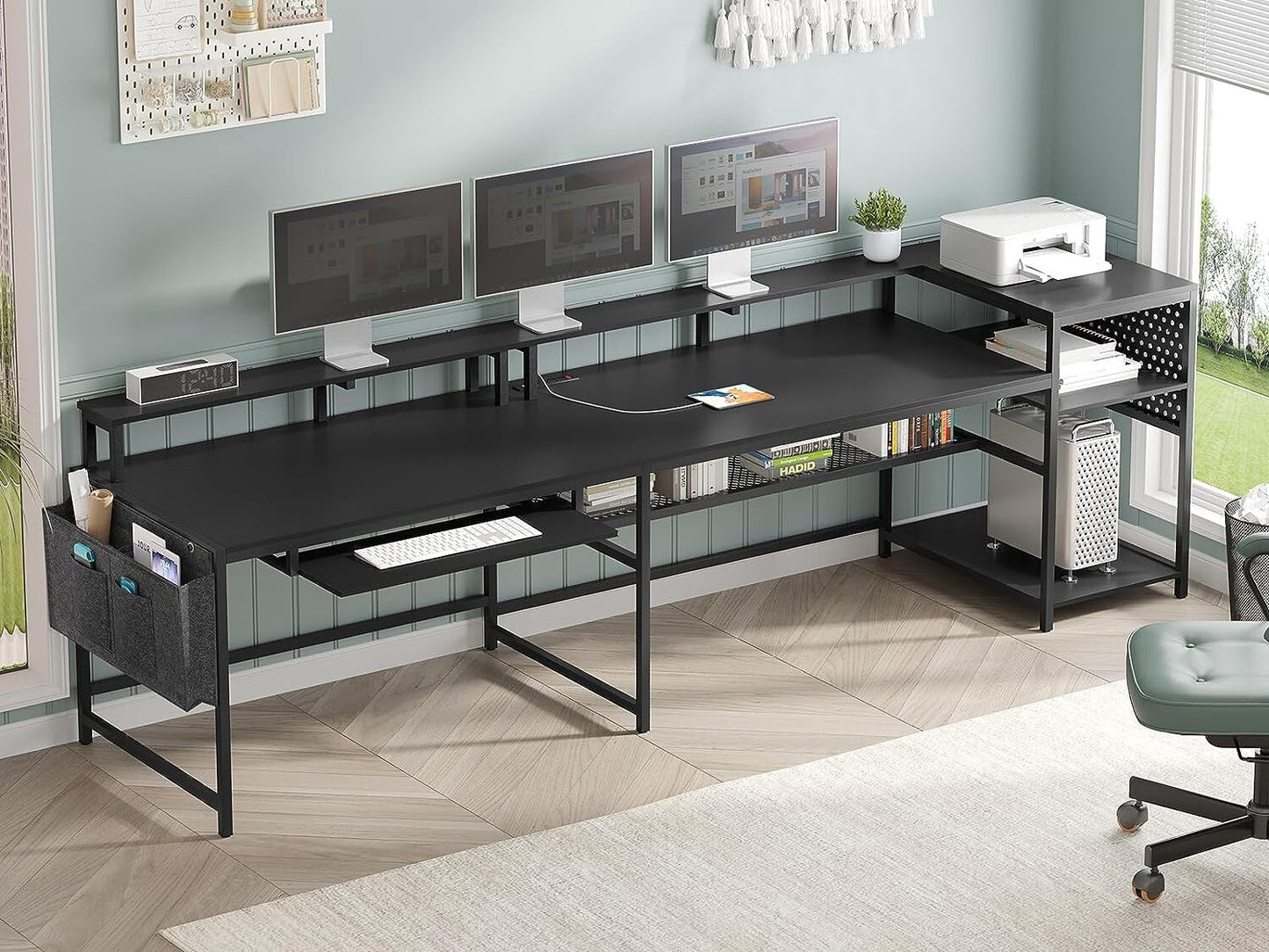 L Shaped Gaming Desk with Power Outlets and LED Strip, Reversible Computer Desk