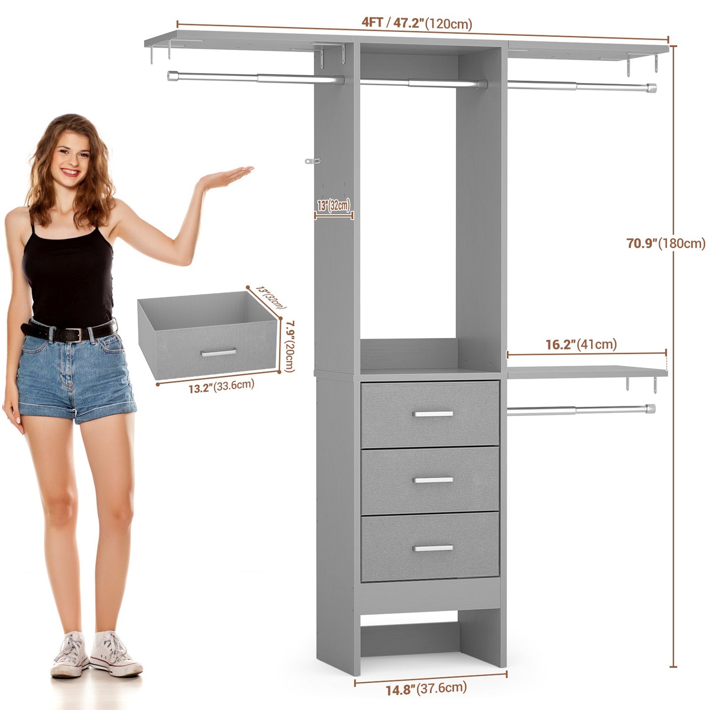 48'' Closet System with 3 Drawers Closet Organizer System Built-In Clothes Rack