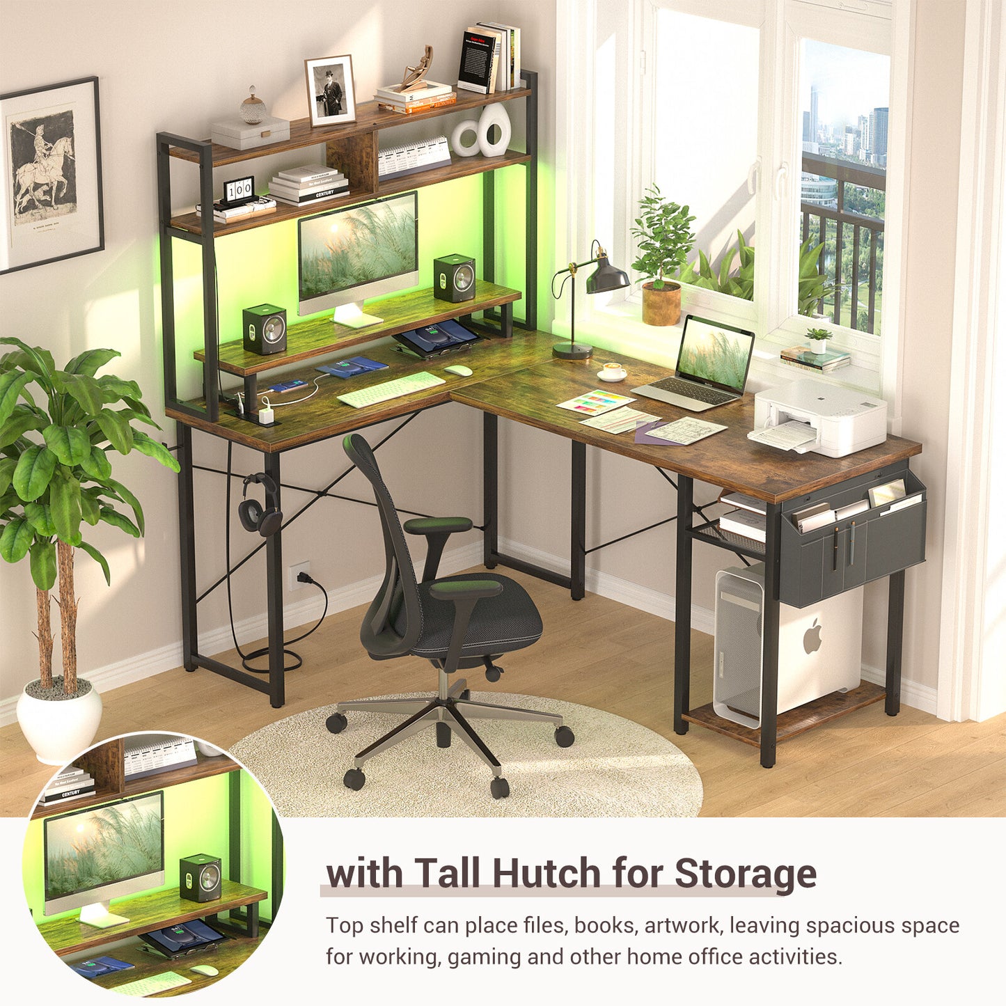 Reversible L-Shaped Computer Desk Gaming Desk with LED Lights and Power Outlets