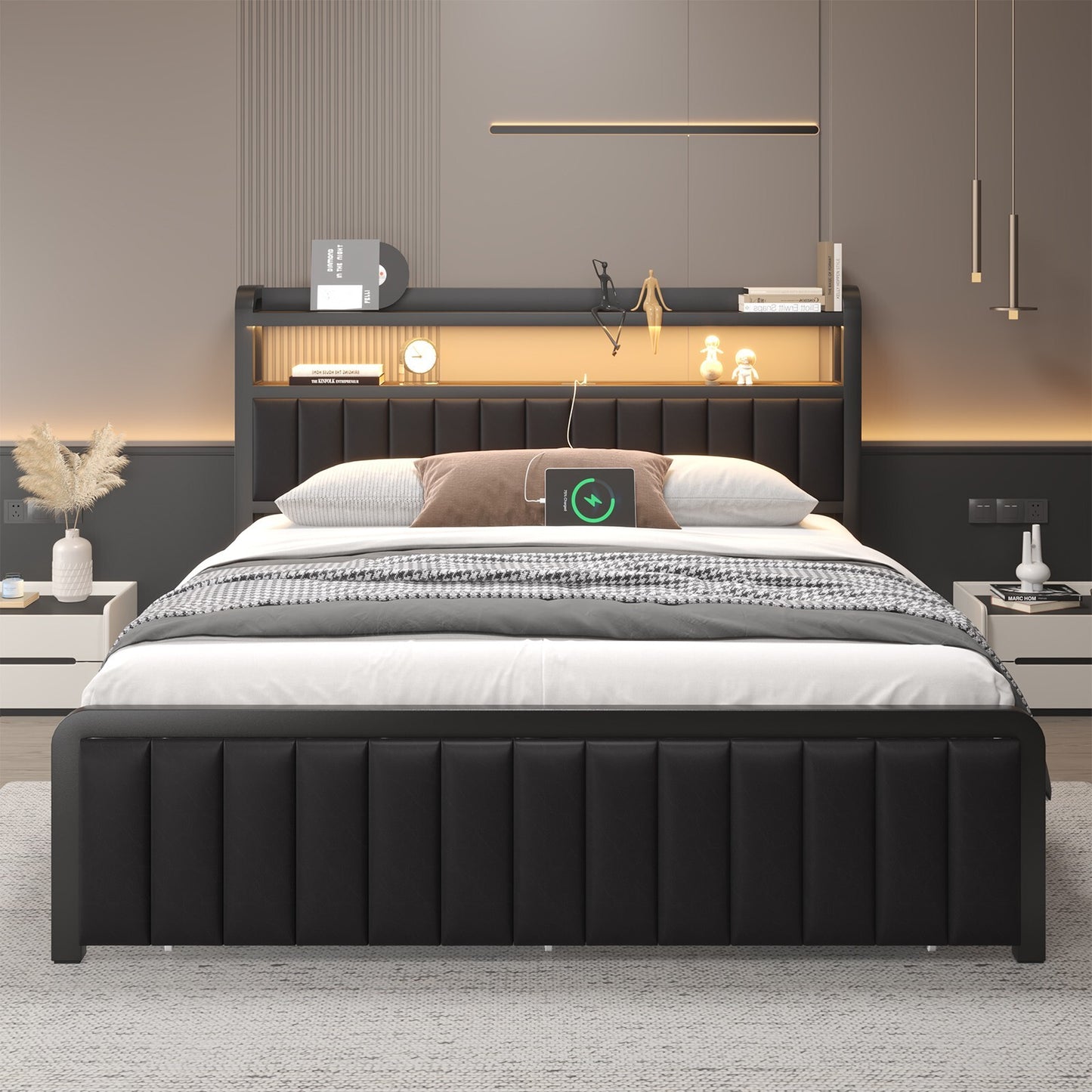 Full Queen Size Metal Platform Bed Frame with 2-Tier Storage Headboard&Drawers
