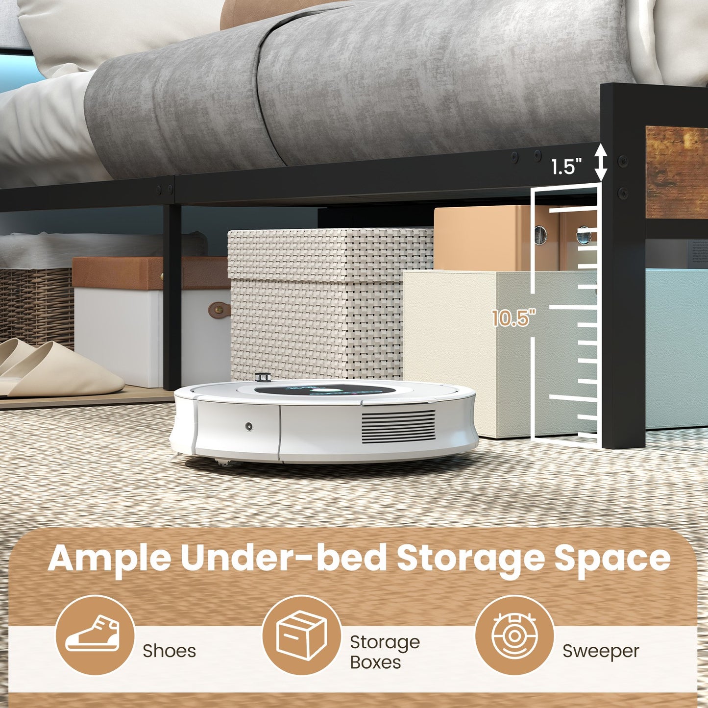 Queen Size Bed Frame w/LED Light & Charging Station Heavy Duty Metal Platform