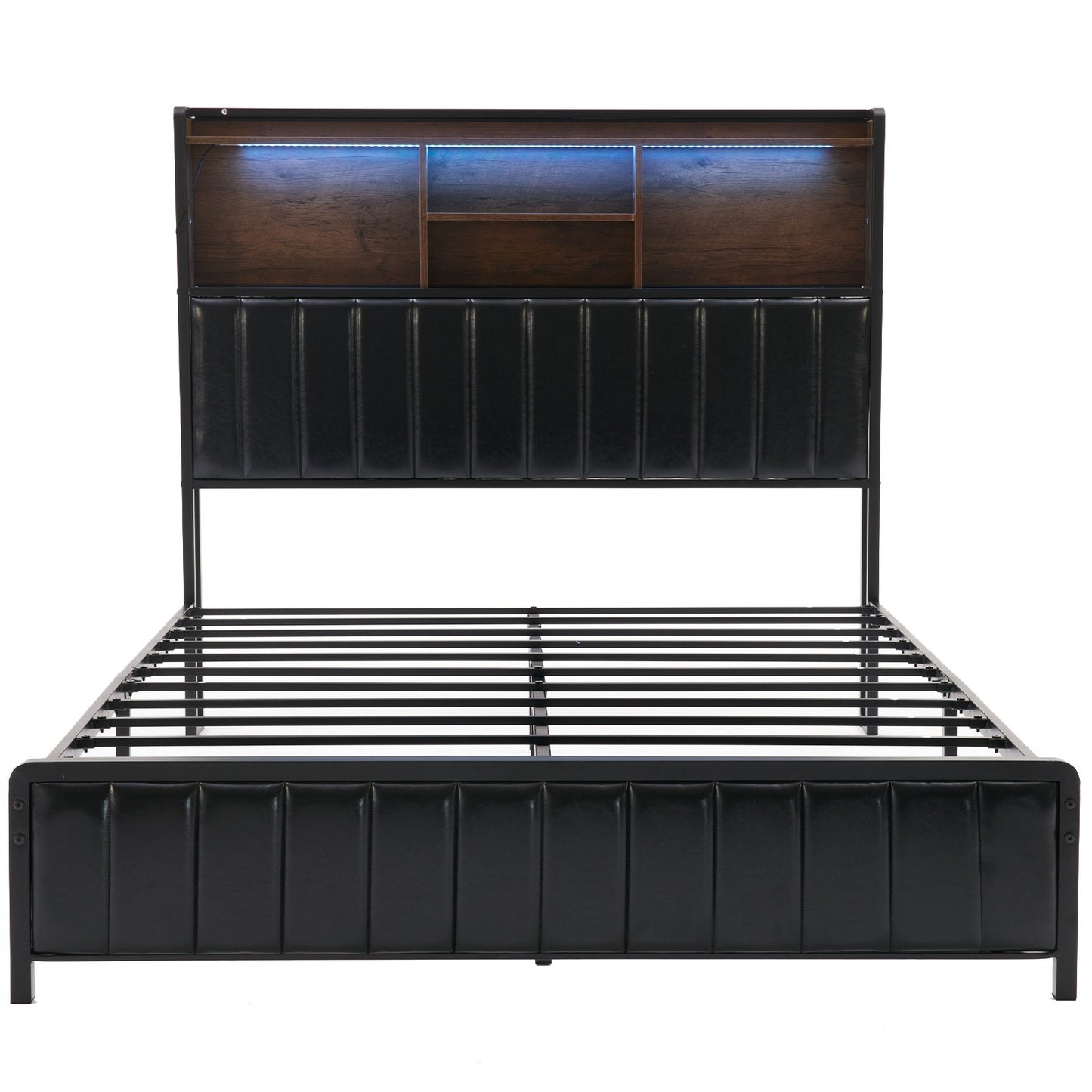 Full/Queen Size Bed Frame with Storage Headboard, LED Lights, Charging Station