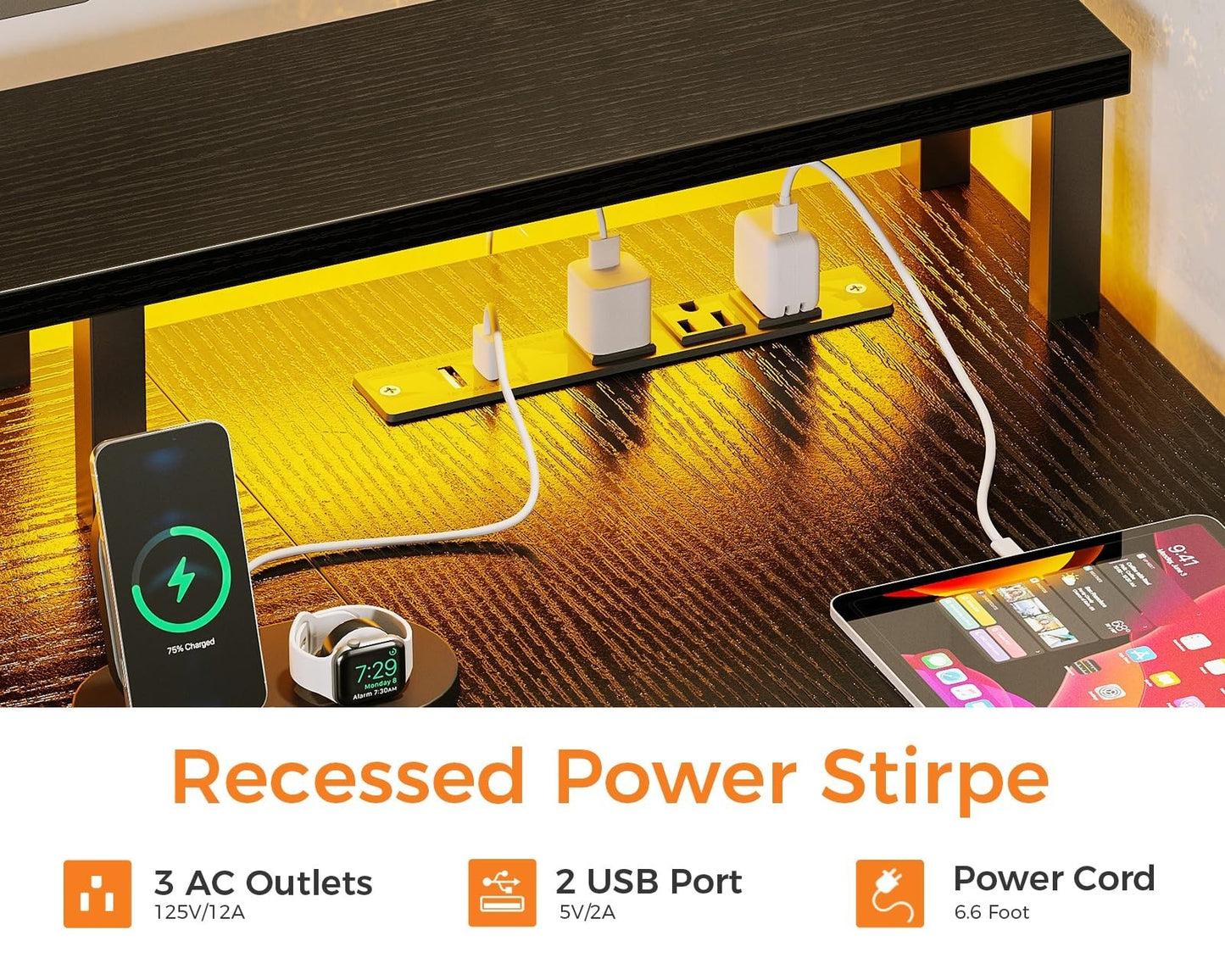 Reversible L Shaped Computer Desk Gaming Desk w/ Power Outlet & LED Strip,Black