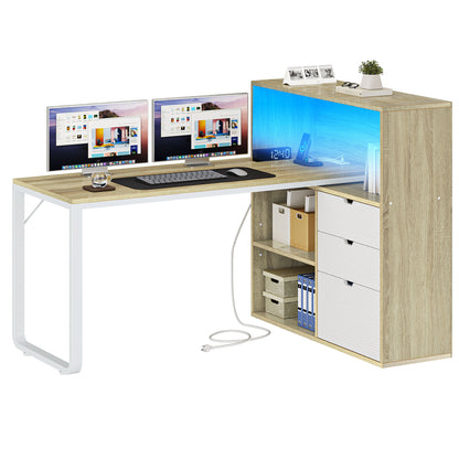 55" Computer Desk L Shaped Desk with Drawers & Power Outlets with Bookshelf