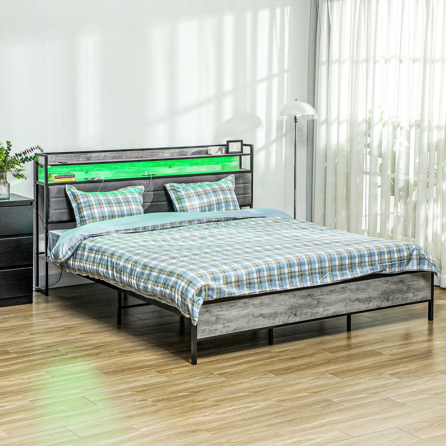 HOMCOM LED Bed Frame with Headboard Charging Station, Cement Gray