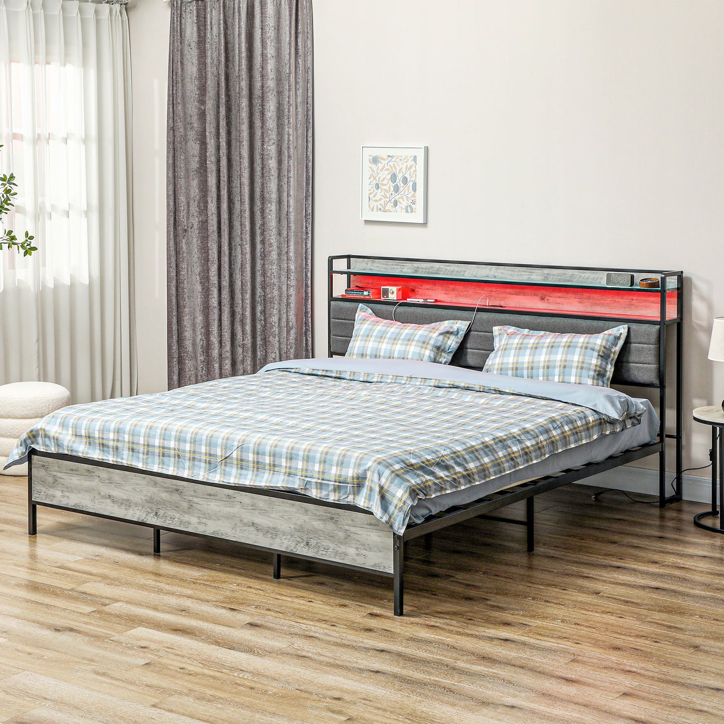 HOMCOM LED Bed Frame with Headboard Charging Station, Cement Gray