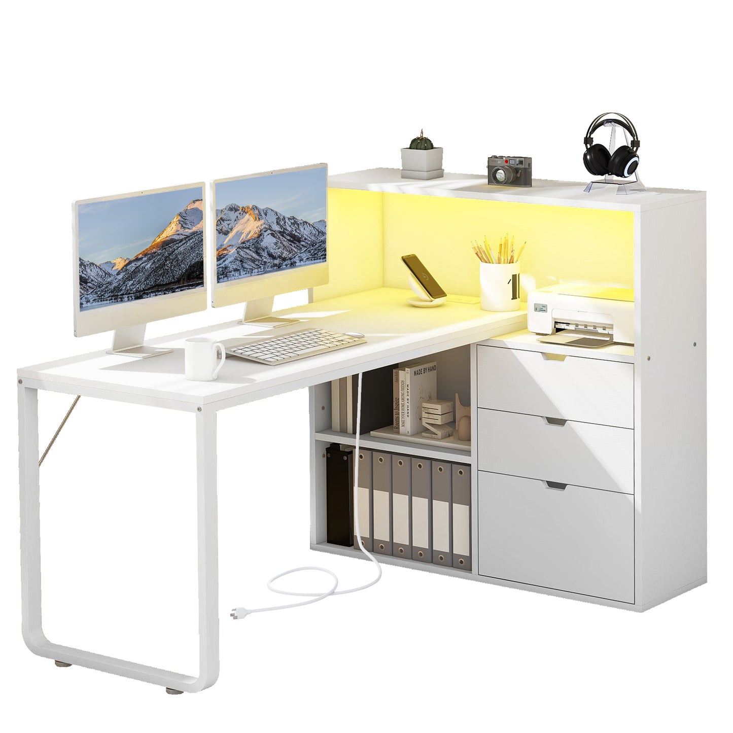 55" Computer Desk L Shaped Desk with Drawers & Power Outlets with Bookshelf