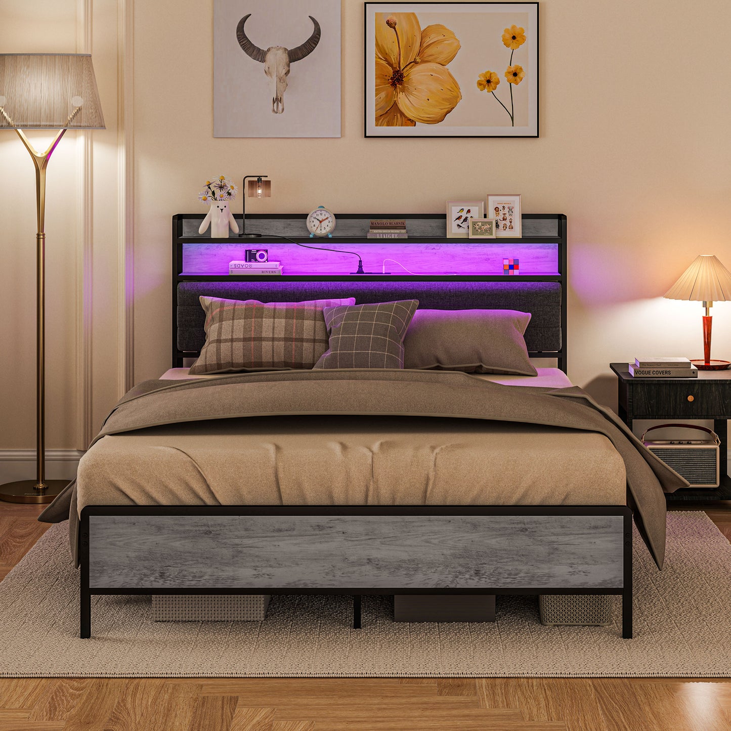 HOMCOM LED Bed Frame with Headboard Charging Station, Cement Gray