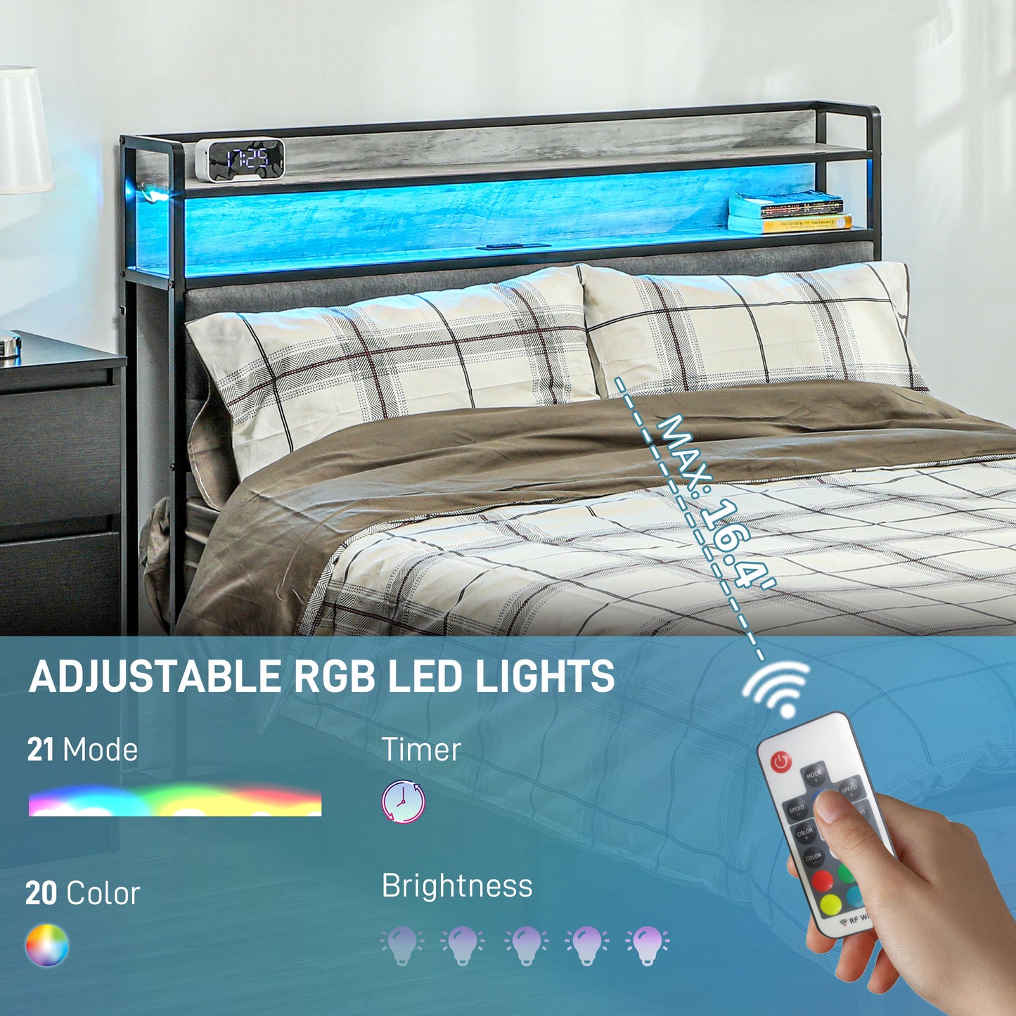 HOMCOM LED Bed Frame with Headboard Charging Station, Cement Gray
