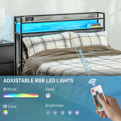 HOMCOM LED Bed Frame with Headboard Charging Station, Cement Gray
