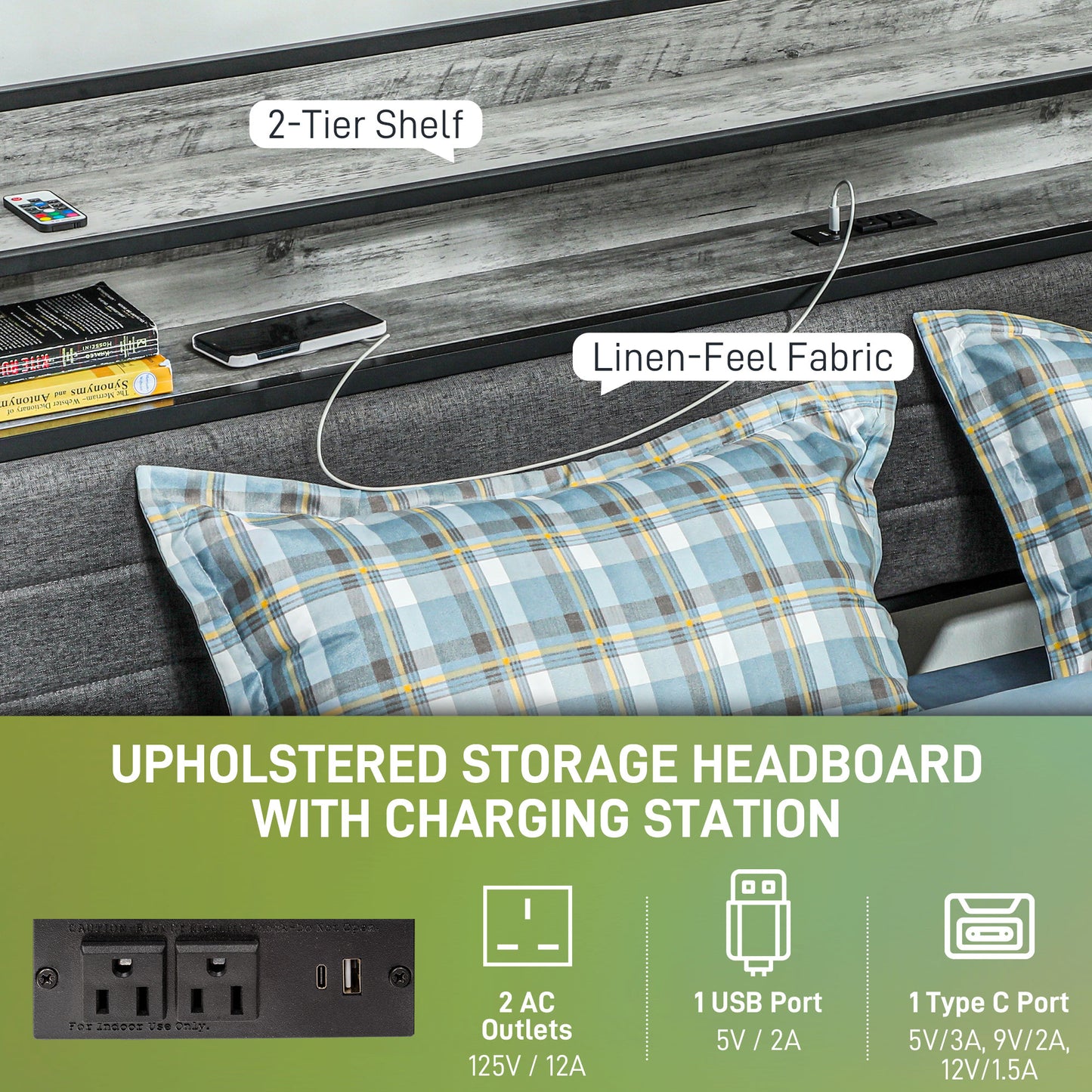 HOMCOM LED Bed Frame with Headboard Charging Station, Cement Gray