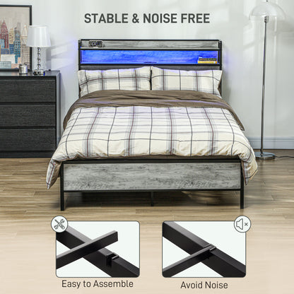 HOMCOM LED Bed Frame with Headboard Charging Station, Cement Gray