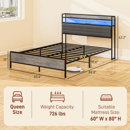 HOMCOM LED Bed Frame with Headboard Charging Station, Cement Gray