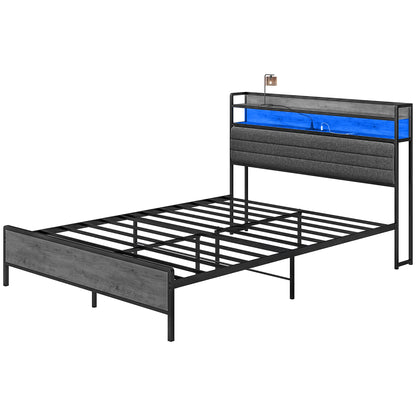 HOMCOM LED Bed Frame with Headboard Charging Station, Cement Gray
