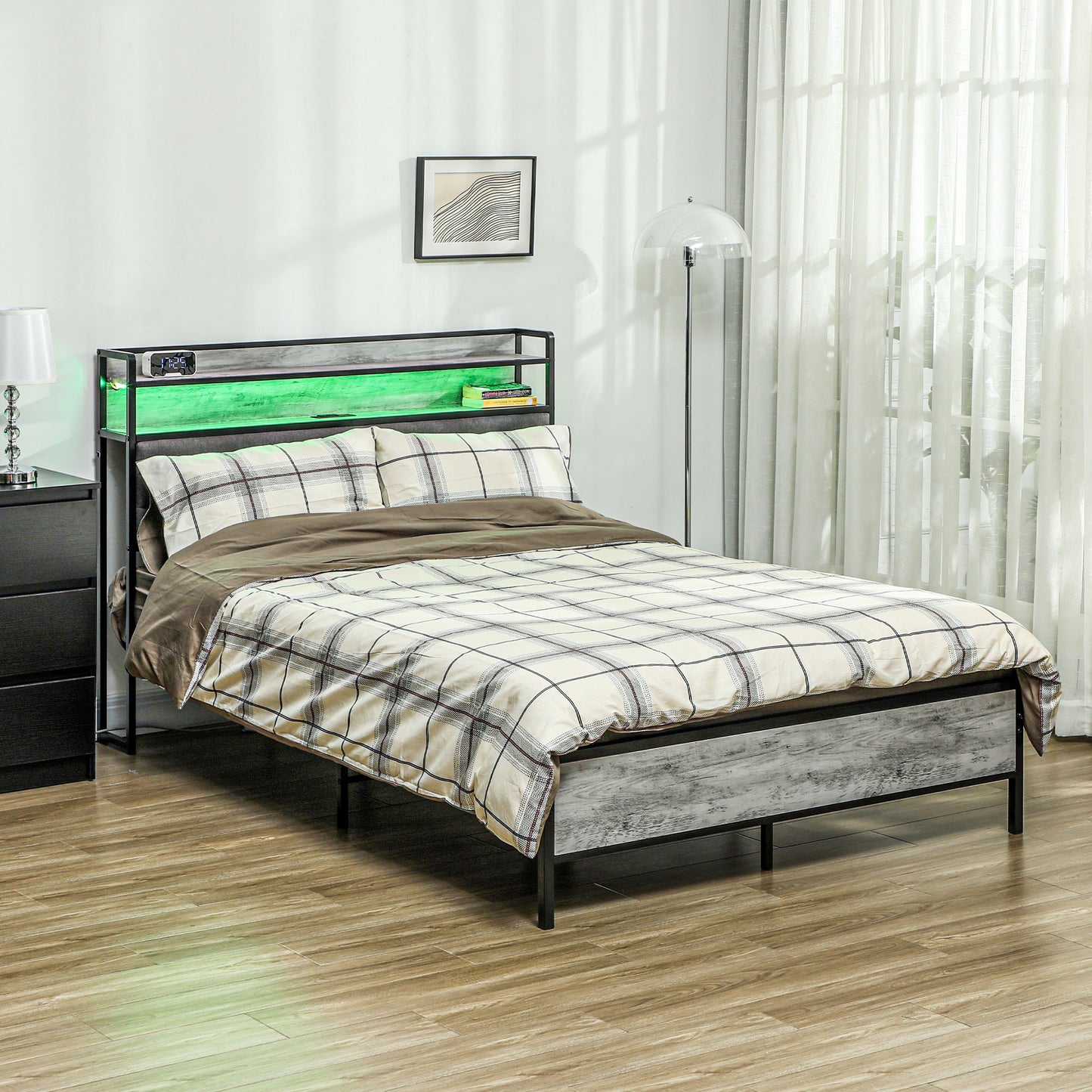 HOMCOM LED Bed Frame with Headboard Charging Station, Cement Gray
