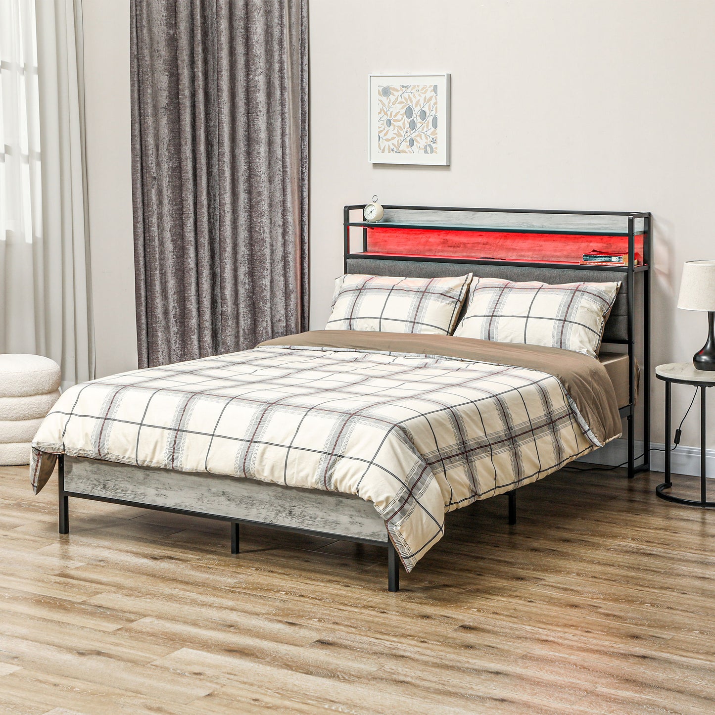 HOMCOM LED Bed Frame with Headboard Charging Station, Cement Gray