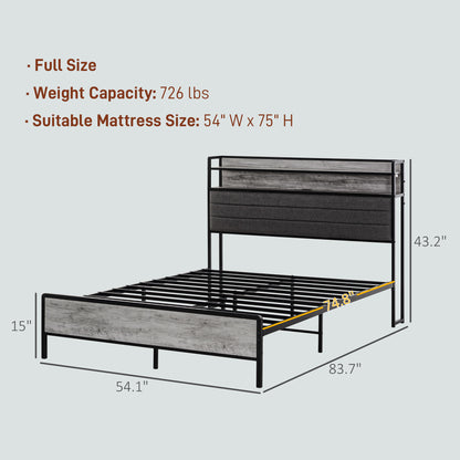 HOMCOM LED Bed Frame with Headboard Charging Station, Cement Gray