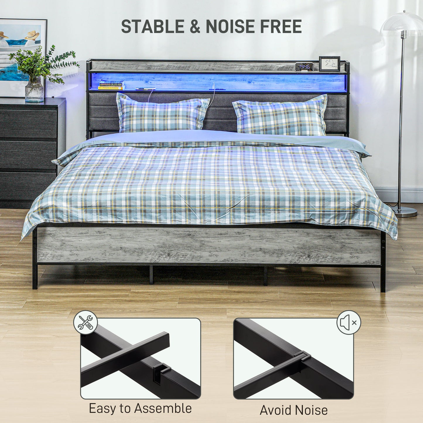 HOMCOM LED Bed Frame with Headboard Charging Station, Cement Gray