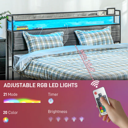HOMCOM LED Bed Frame with Headboard Charging Station, Cement Gray