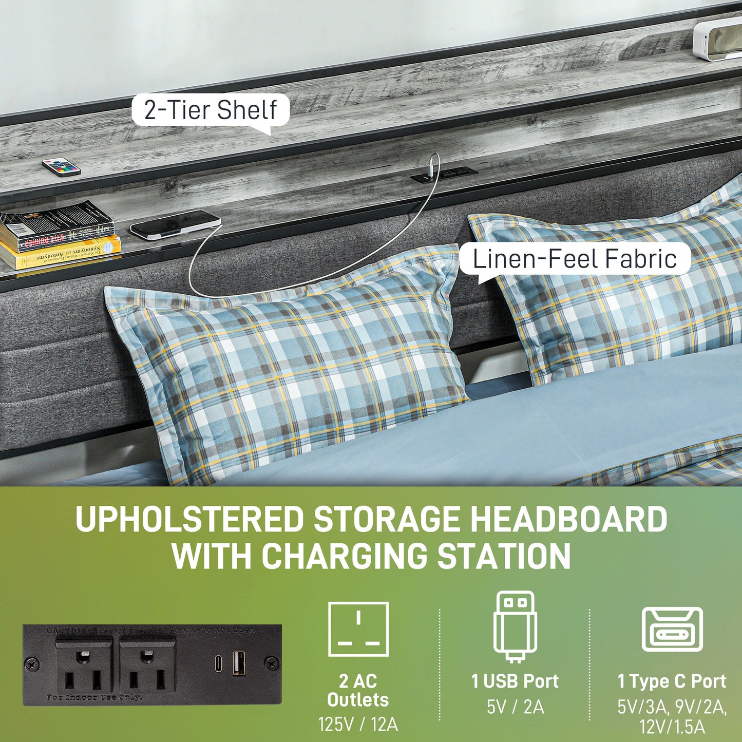 HOMCOM LED Bed Frame with Headboard Charging Station, Cement Gray