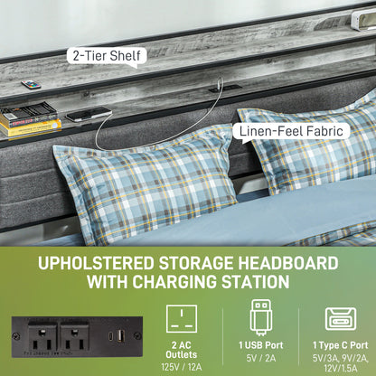 HOMCOM LED Bed Frame with Headboard Charging Station, Cement Gray