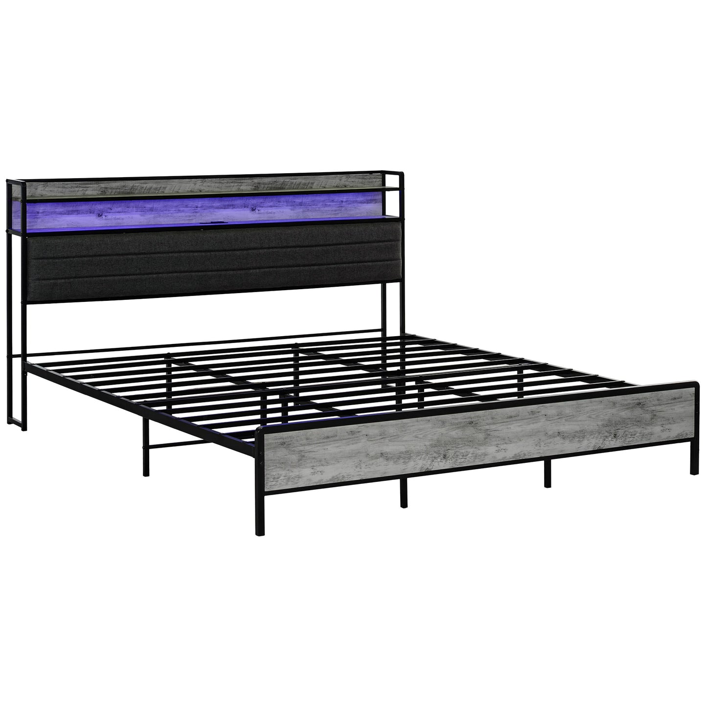 HOMCOM LED Bed Frame with Headboard Charging Station, Cement Gray