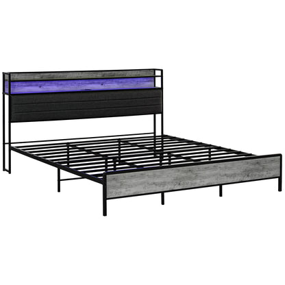 HOMCOM LED Bed Frame with Headboard Charging Station, Cement Gray