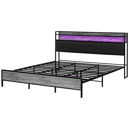 HOMCOM LED Bed Frame with Headboard Charging Station, Cement Gray