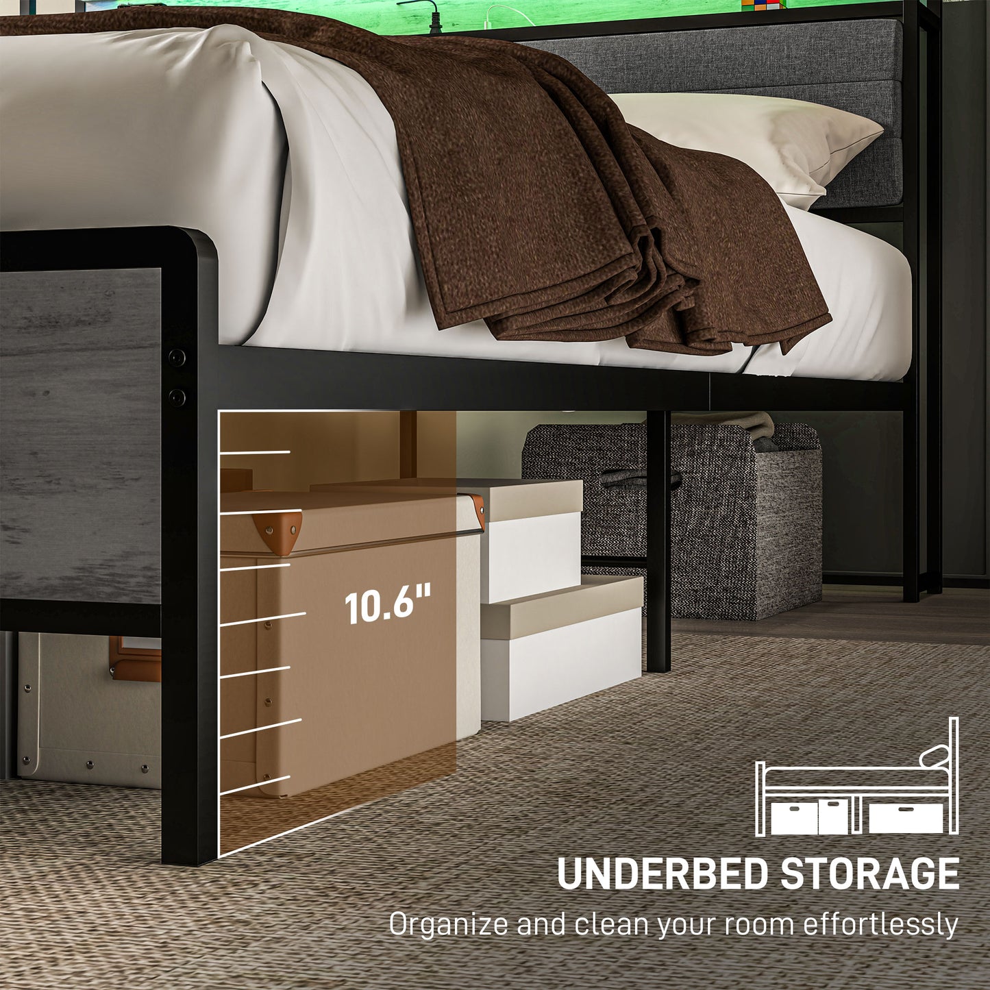 HOMCOM LED Bed Frame with Headboard Charging Station, Cement Gray