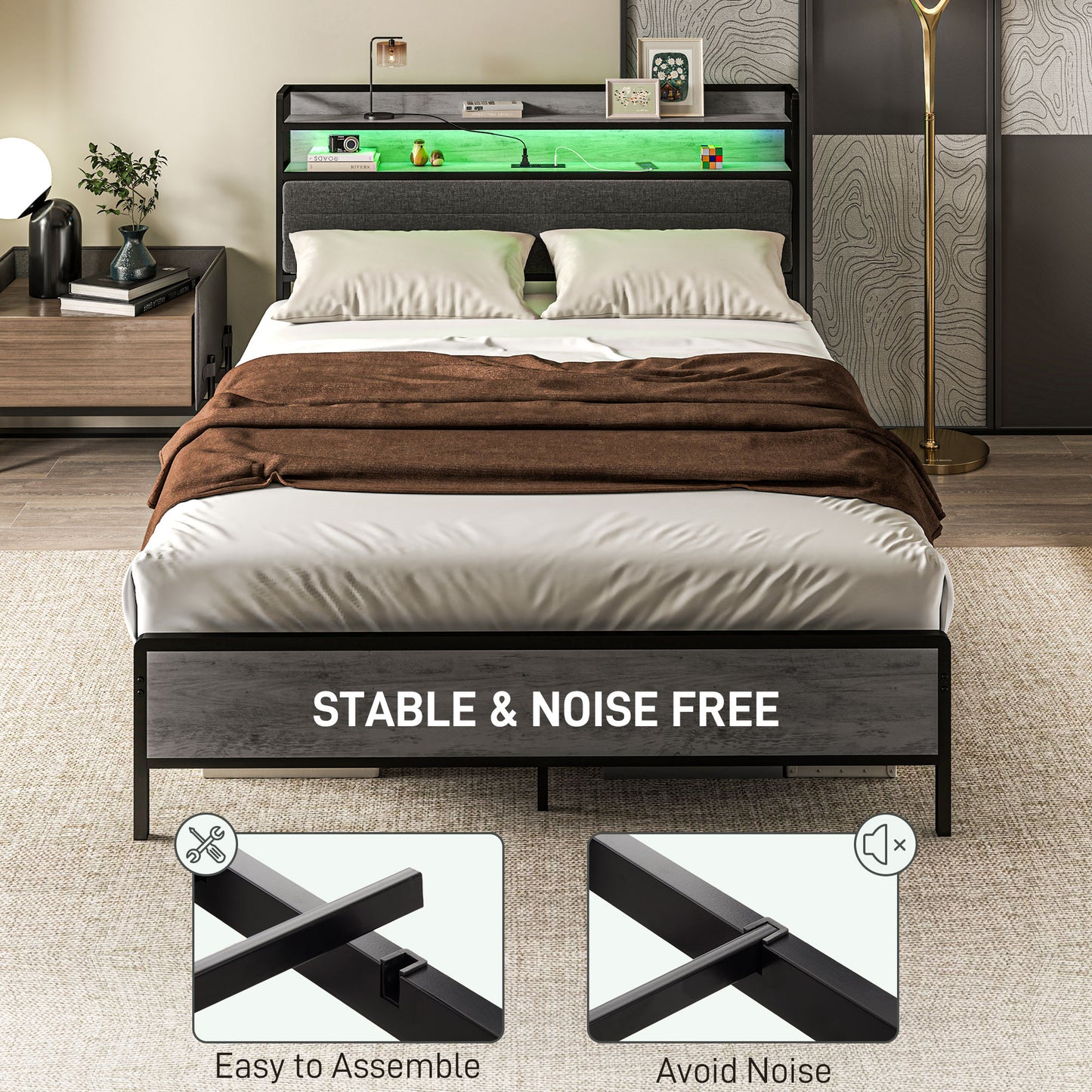 HOMCOM LED Bed Frame with Headboard Charging Station, Cement Gray