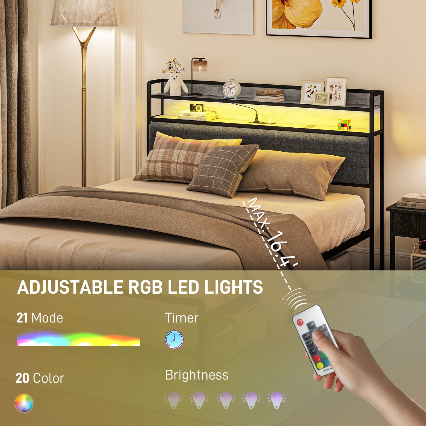HOMCOM LED Bed Frame with Headboard Charging Station, Cement Gray