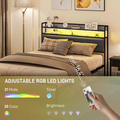 HOMCOM LED Bed Frame with Headboard Charging Station, Cement Gray