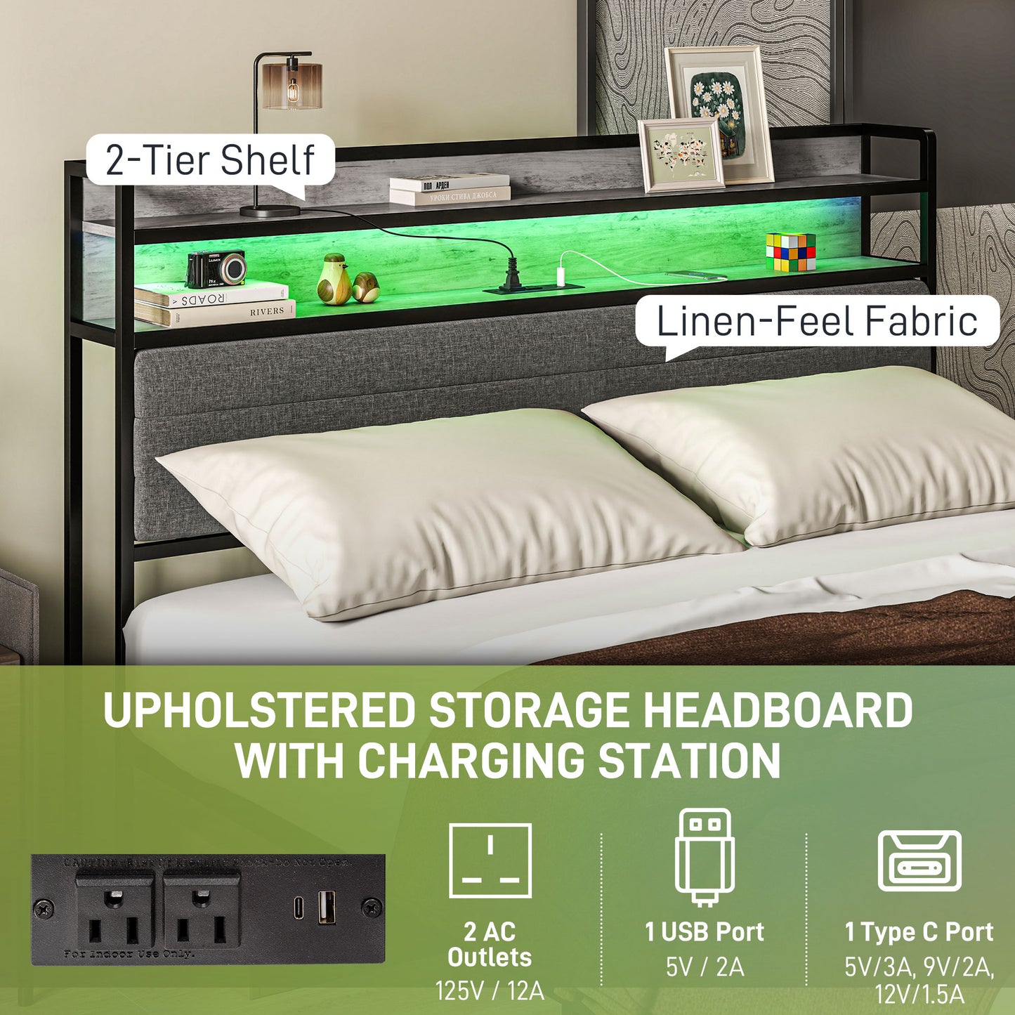 HOMCOM LED Bed Frame with Headboard Charging Station, Cement Gray