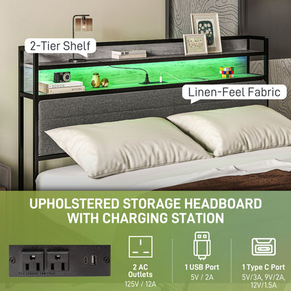 HOMCOM LED Bed Frame with Headboard Charging Station, Cement Gray