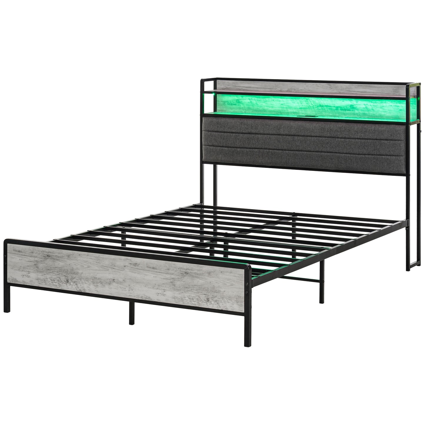 HOMCOM LED Bed Frame with Headboard Charging Station, Cement Gray