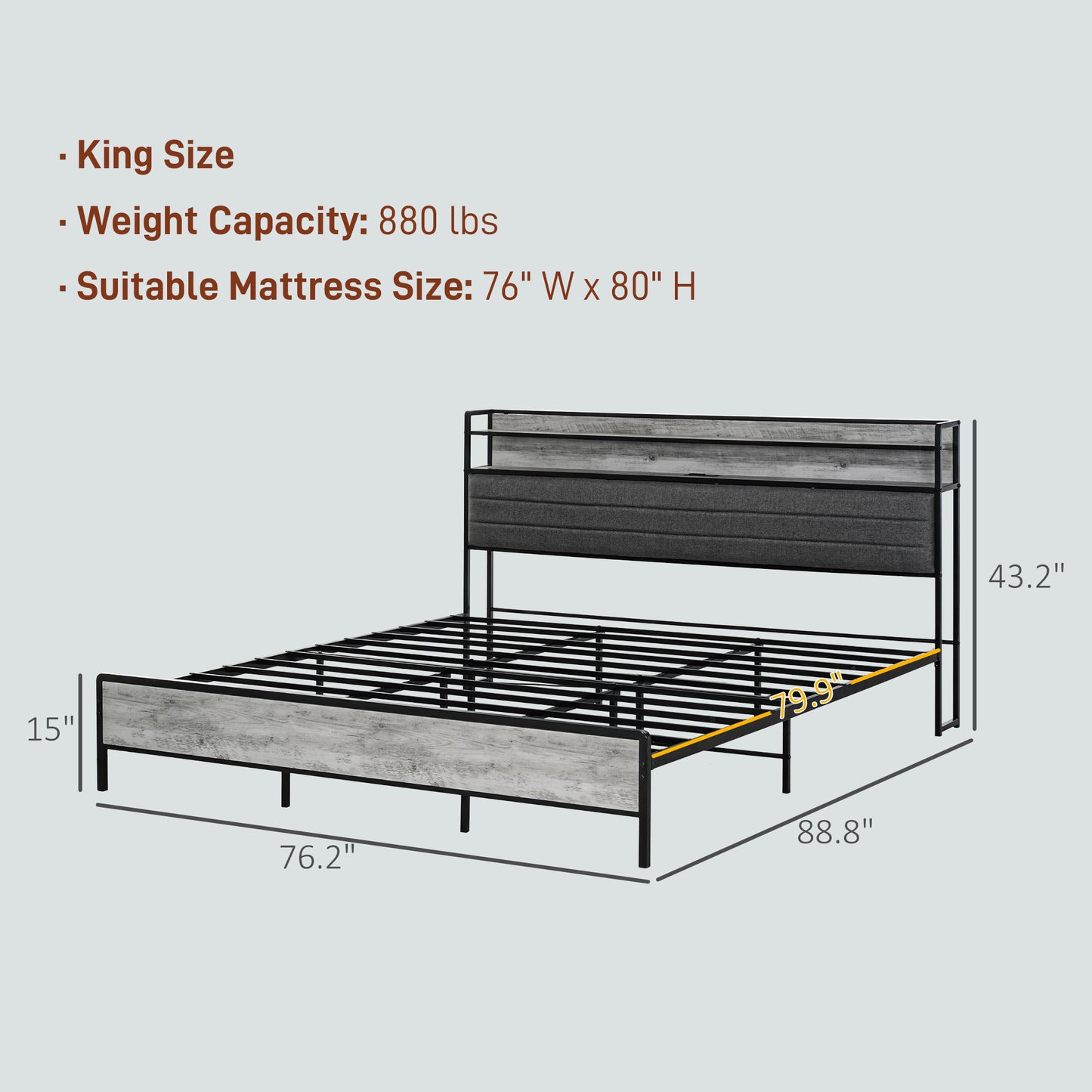 HOMCOM LED Bed Frame with Headboard Charging Station, Cement Gray