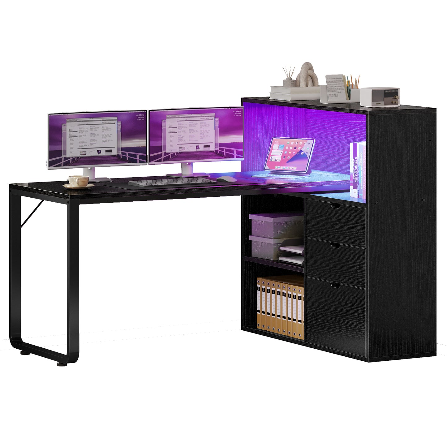 55" Computer Desk L Shaped Desk with Drawers & Power Outlets with Bookshelf