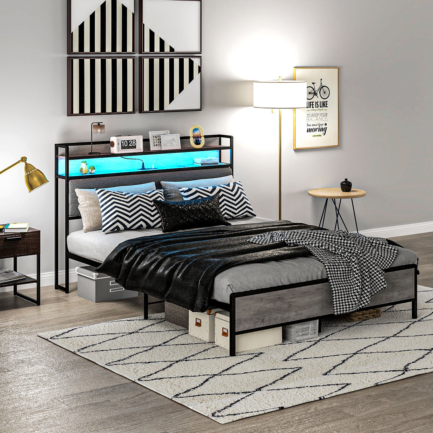 HOMCOM LED Bed Frame with Headboard Charging Station, Cement Gray