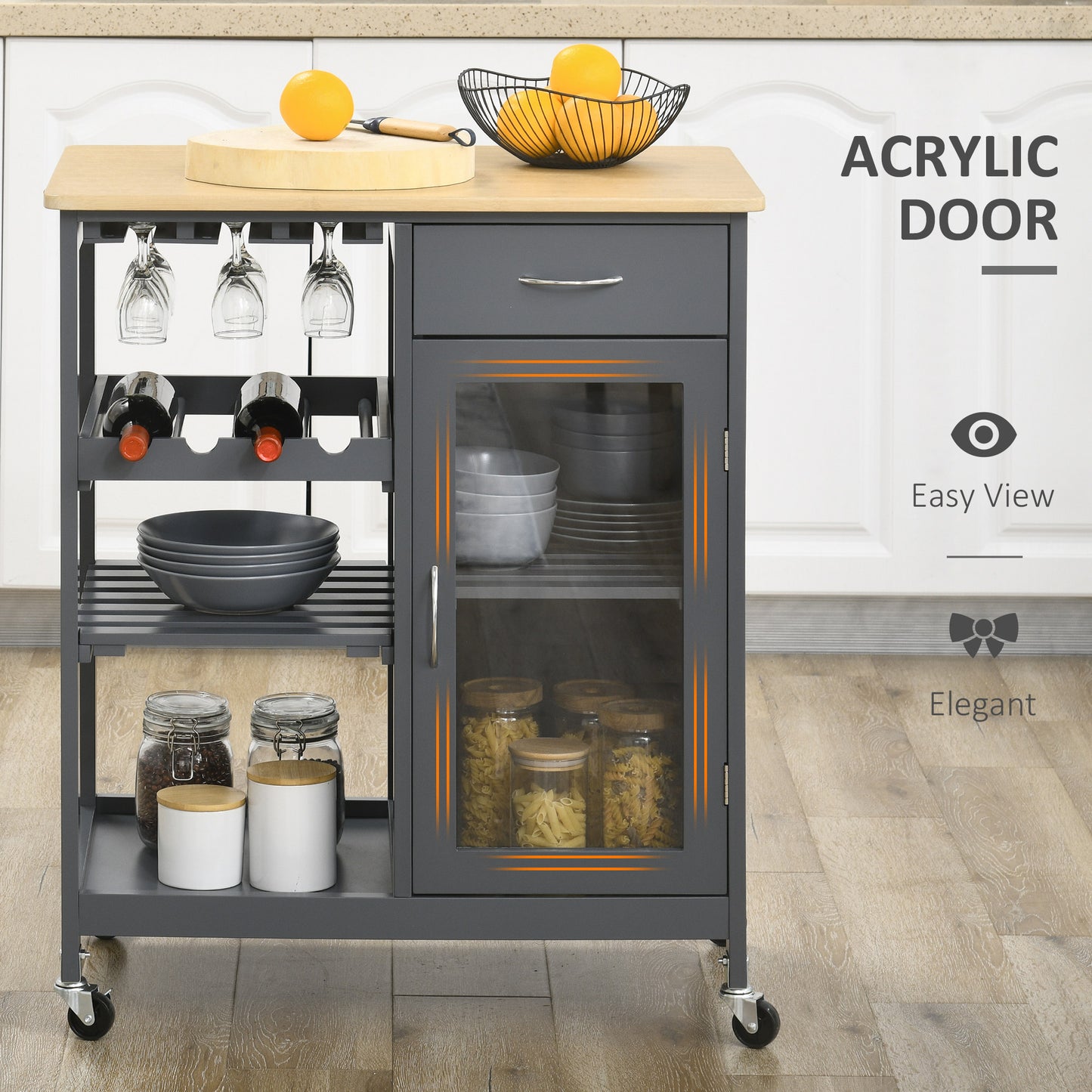 HOMCOM Utility Kitchen Cart Rolling Kitchen Island W/ Wine Rack Cabinet