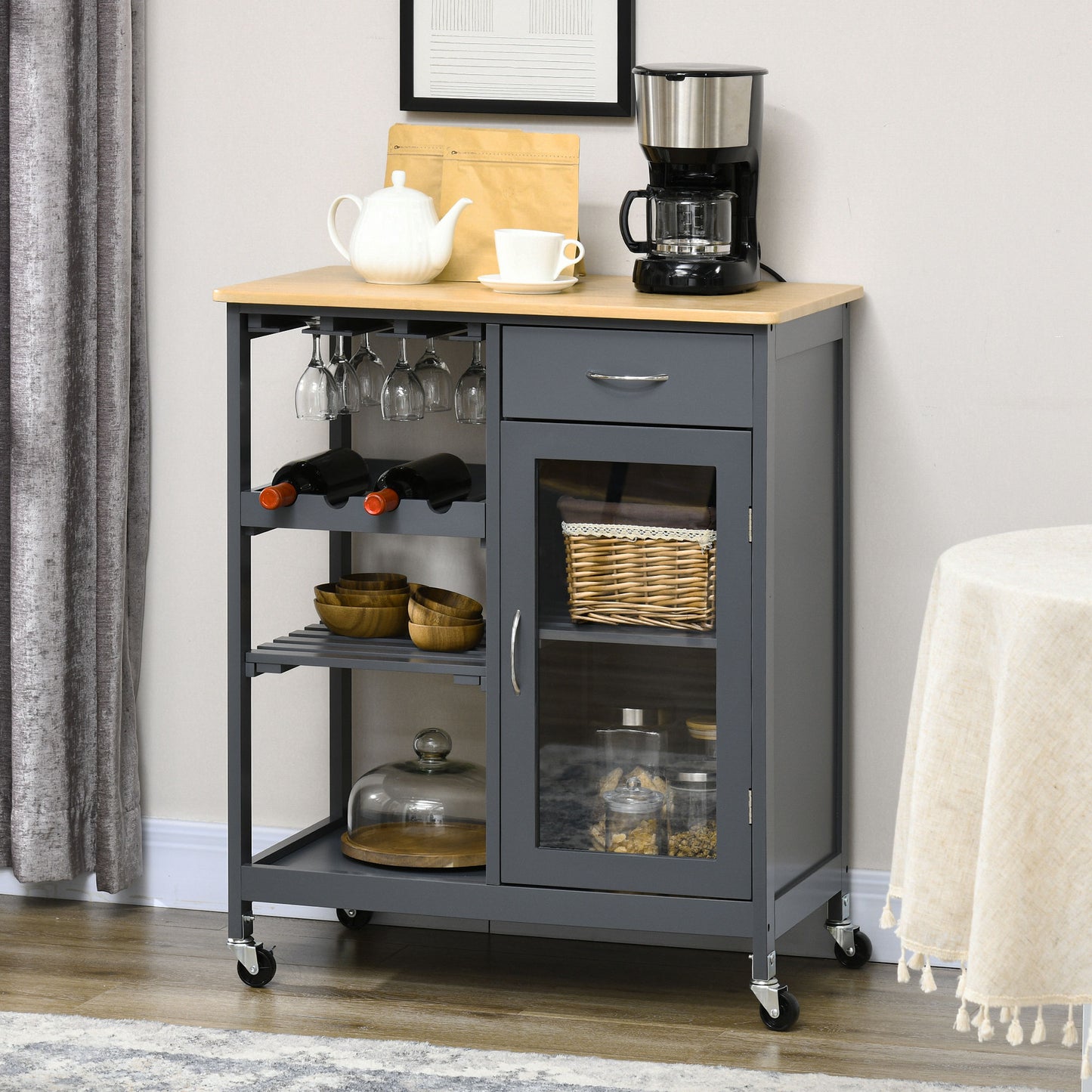 HOMCOM Utility Kitchen Cart Rolling Kitchen Island W/ Wine Rack Cabinet