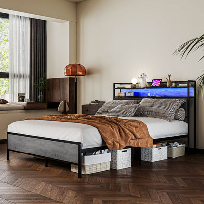 HOMCOM LED Bed Frame with Headboard Charging Station, Cement Gray